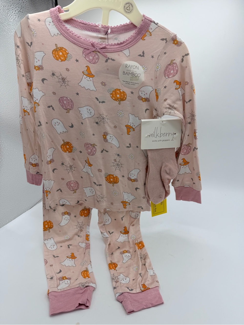 Milkberry Pink Halloween Ghost & Pumpkin Kids Pajama Set with Socks